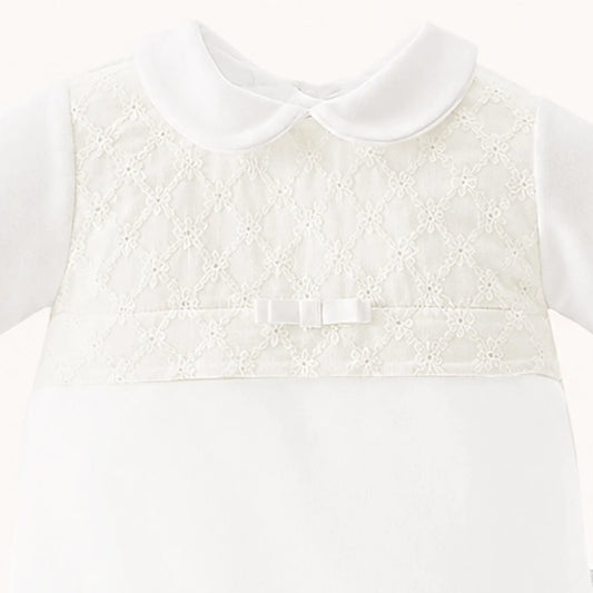 Babygrow Laminado Bordado Inglês | Branco com bordado em pérola